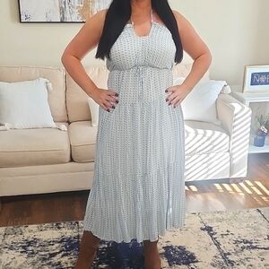 NWOT MINKPINK HALTER NECK BLUE GREEN & CREAM GEOMETRIC PRINT MAXI DRESS  SMALL